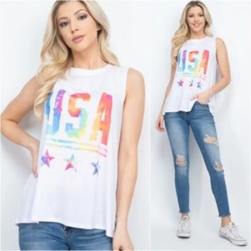 : USA MADE Patriotic vibrant tie dye USA stars, tank top - Picture 2 of 2